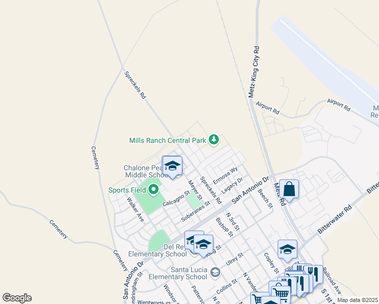 map of restaurants, bars, coffee shops, grocery stores, and more near 772 Spreckels Road in King City