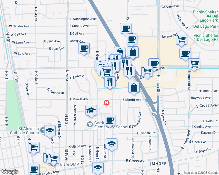 map of restaurants, bars, coffee shops, grocery stores, and more near 1101 North Cherry Street in Tulare