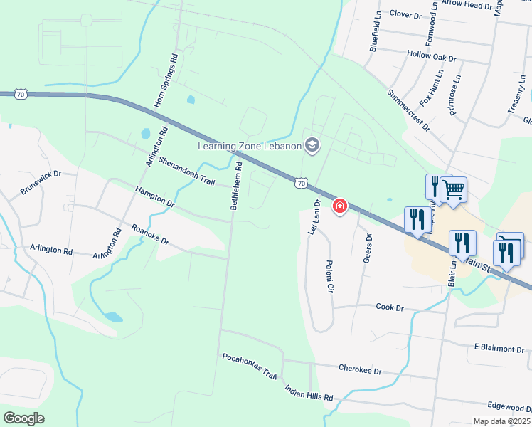 map of restaurants, bars, coffee shops, grocery stores, and more near 113 Waters Hill Circle in Lebanon
