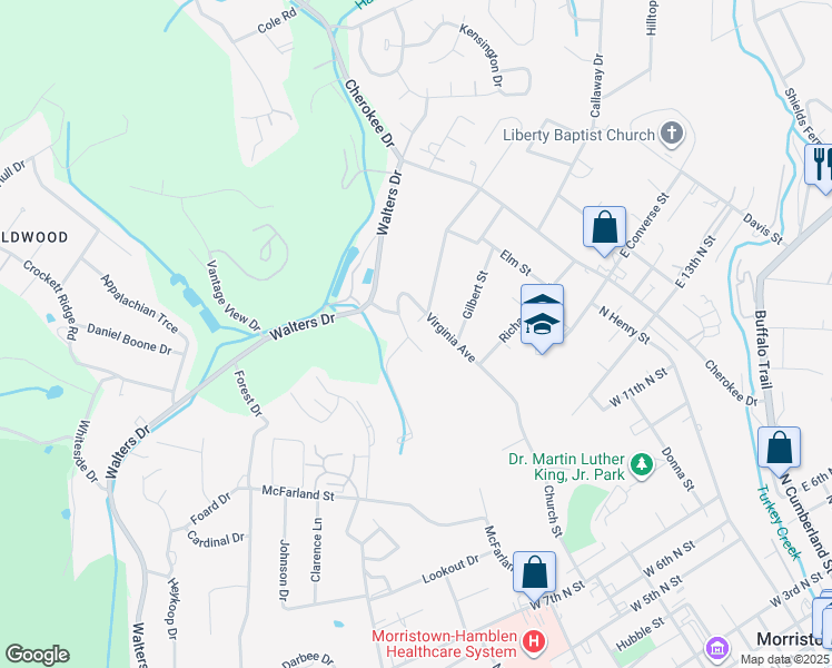 map of restaurants, bars, coffee shops, grocery stores, and more near 1901 Housley Circle in Morristown