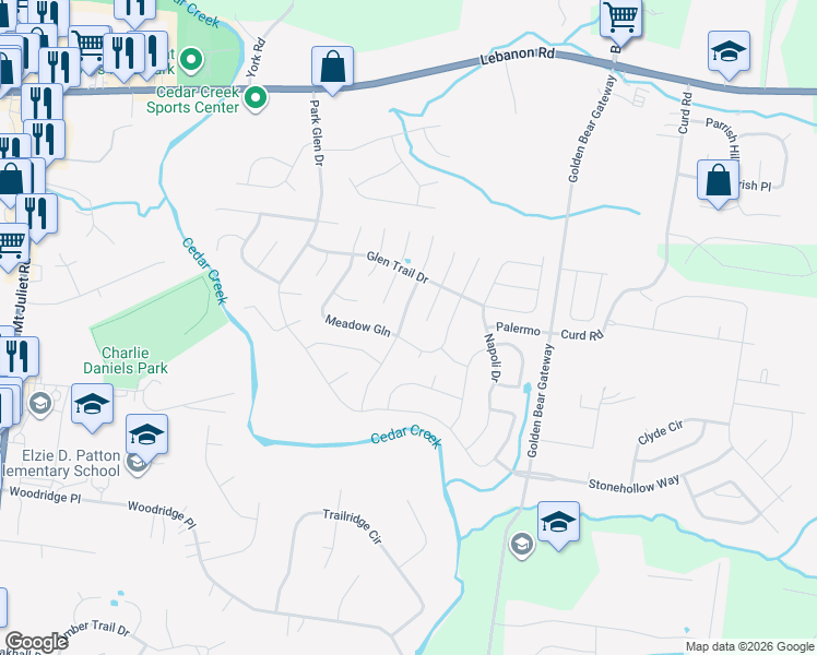 map of restaurants, bars, coffee shops, grocery stores, and more near 2852 Park Knoll Drive in Mount Juliet