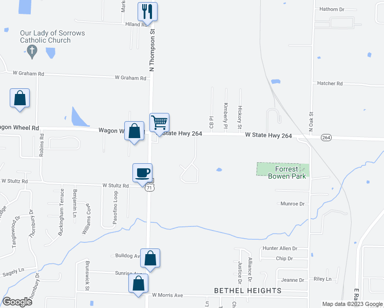 map of restaurants, bars, coffee shops, grocery stores, and more near 4360 Ferns Valley Loop in Springdale