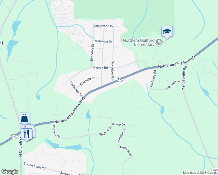 map of restaurants, bars, coffee shops, grocery stores, and more near 3402 North Carolina 150 in Greensboro