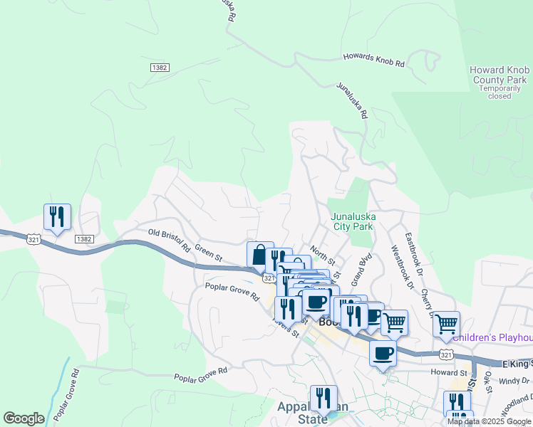 map of restaurants, bars, coffee shops, grocery stores, and more near 192 94 98 Park Street in Boone