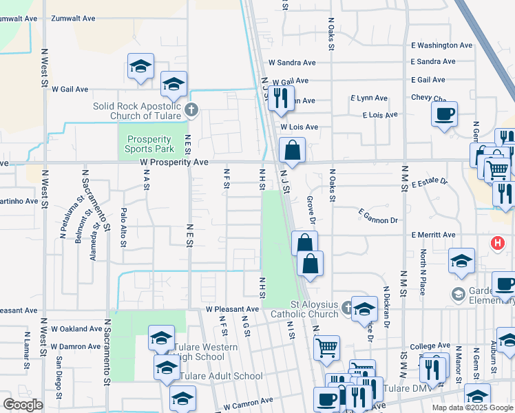 map of restaurants, bars, coffee shops, grocery stores, and more near 402 West Stadium Avenue in Tulare