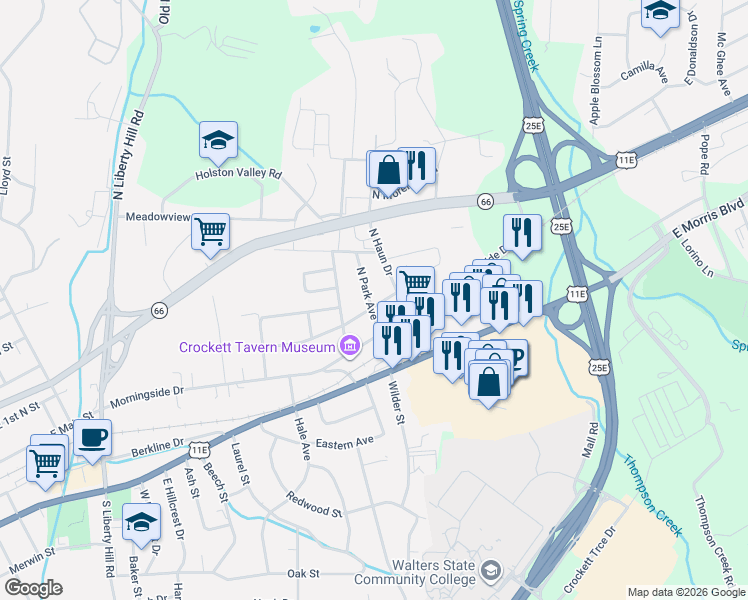 map of restaurants, bars, coffee shops, grocery stores, and more near 2205 Magnolia Avenue in Morristown