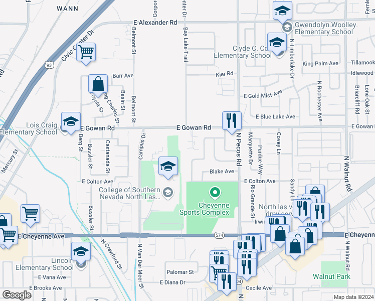 map of restaurants, bars, coffee shops, grocery stores, and more near 3505 Rio Robles Drive in North Las Vegas