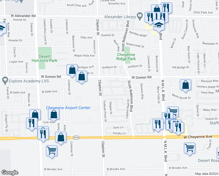 map of restaurants, bars, coffee shops, grocery stores, and more near 3530 Clayton Street in North Las Vegas