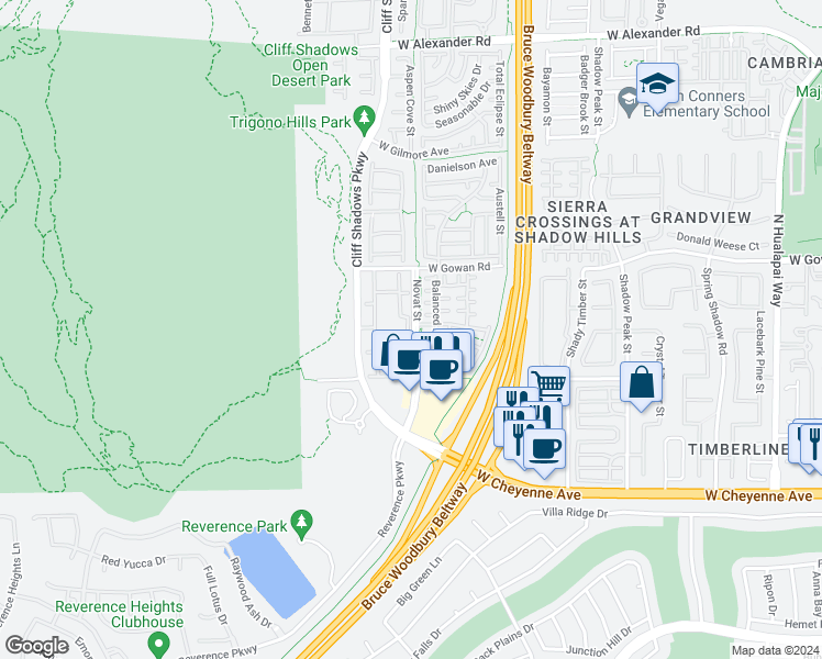 map of restaurants, bars, coffee shops, grocery stores, and more near 3401 Cactus Mountain Street in Las Vegas