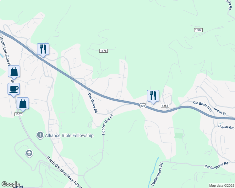 map of restaurants, bars, coffee shops, grocery stores, and more near 148 Highland Woods Trail in Boone