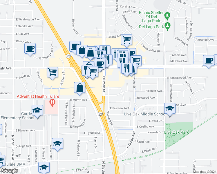 map of restaurants, bars, coffee shops, grocery stores, and more near 1243 North Lynora Street in Tulare
