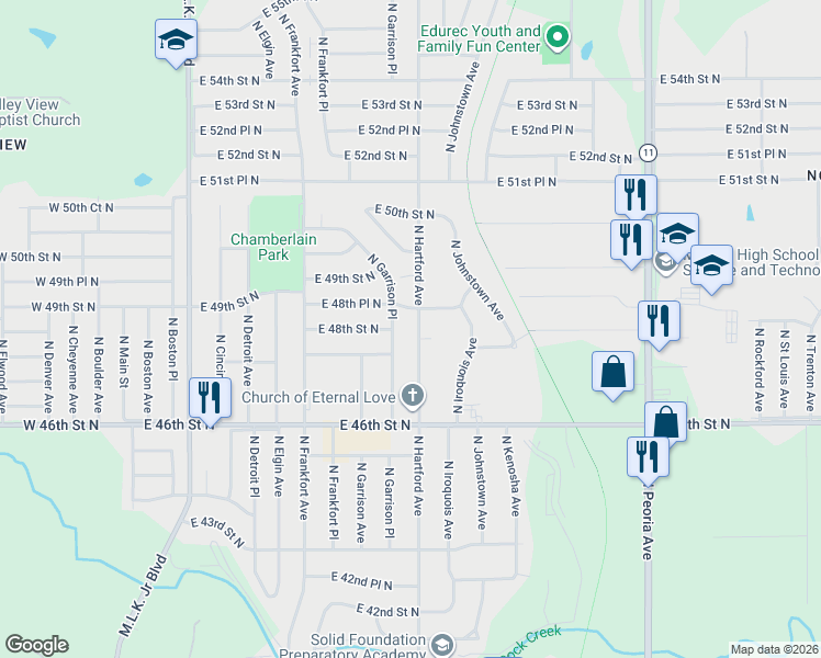 map of restaurants, bars, coffee shops, grocery stores, and more near 4684 North Hartford Avenue in Tulsa