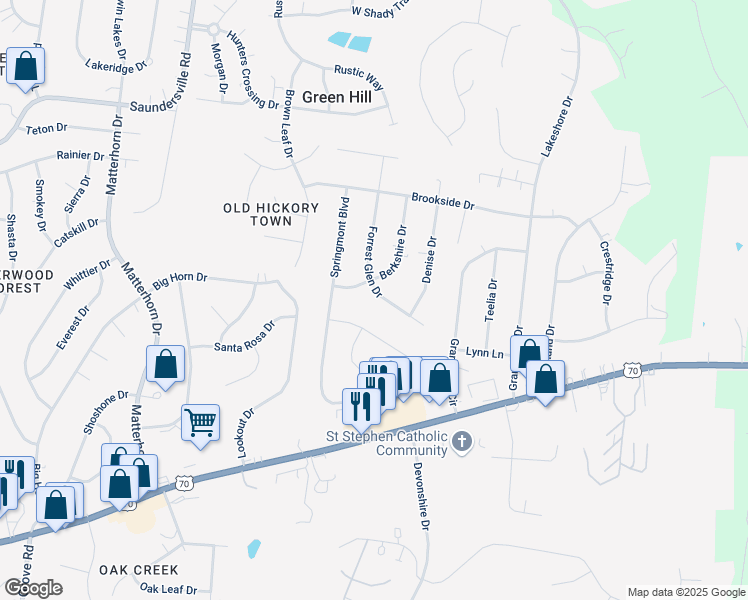 map of restaurants, bars, coffee shops, grocery stores, and more near 855 Forrest Glen Drive in Green Hill