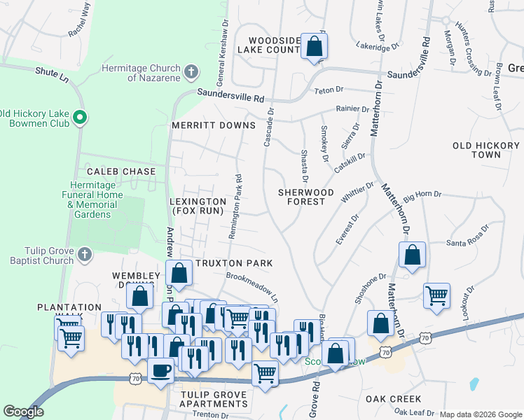 map of restaurants, bars, coffee shops, grocery stores, and more near 4792 Cascade Drive in Nashville