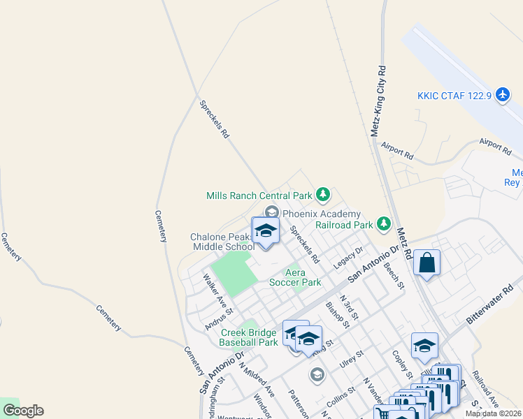 map of restaurants, bars, coffee shops, grocery stores, and more near 714 Bikle Drive in King City