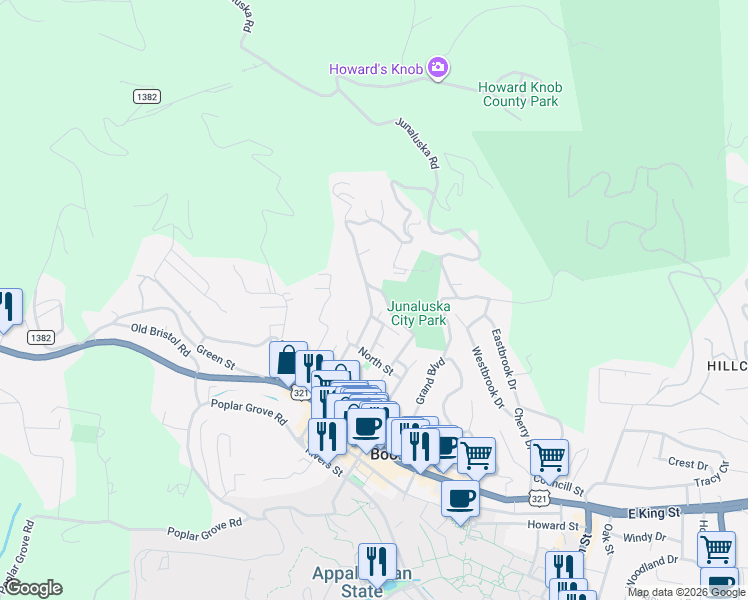 map of restaurants, bars, coffee shops, grocery stores, and more near 218 Junaluska Rd in Boone
