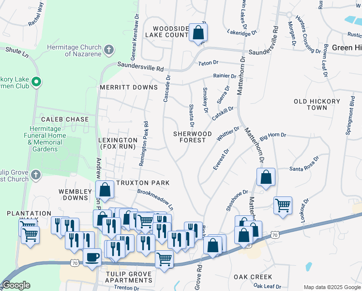 map of restaurants, bars, coffee shops, grocery stores, and more near 4704 Kalamath Drive in Nashville