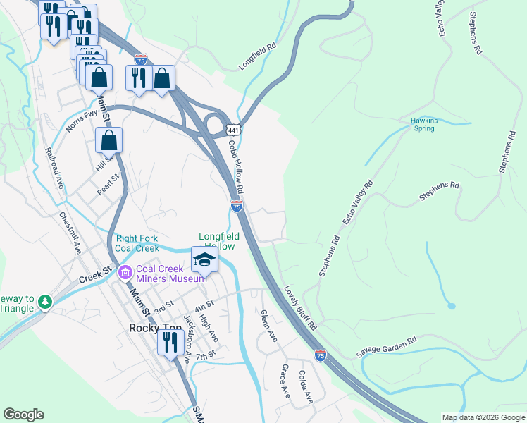 map of restaurants, bars, coffee shops, grocery stores, and more near 161 Cobb Hollow Road in Rocky Top