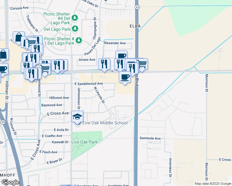 map of restaurants, bars, coffee shops, grocery stores, and more near 1210 Constitution Street in Tulare