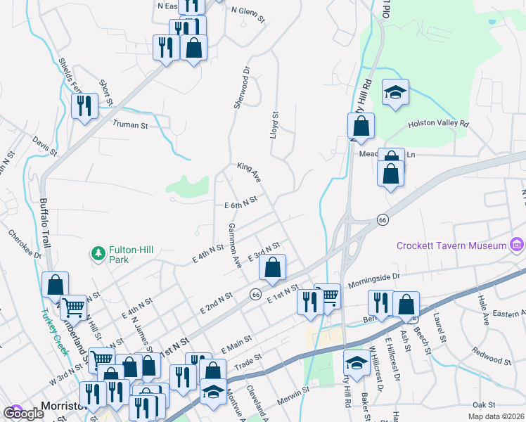 map of restaurants, bars, coffee shops, grocery stores, and more near 1127 East 5th North Street in Morristown