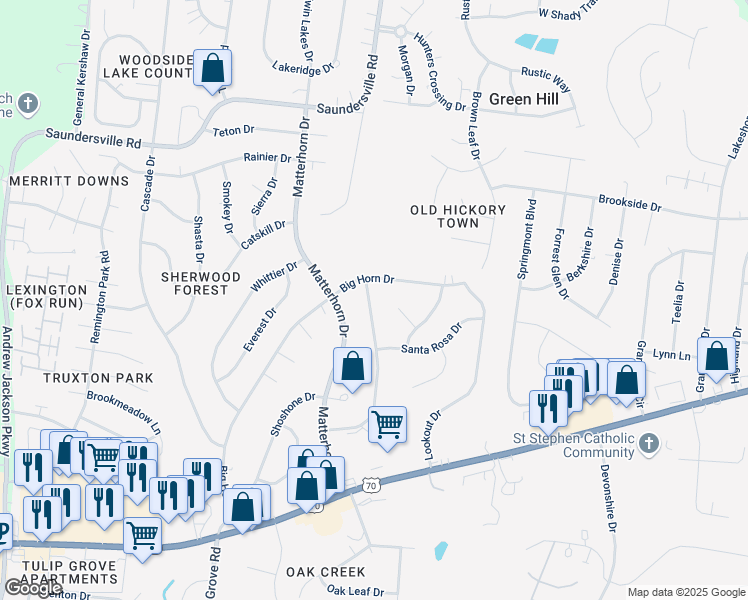 map of restaurants, bars, coffee shops, grocery stores, and more near 314 Blue Ridge Drive in Green Hill