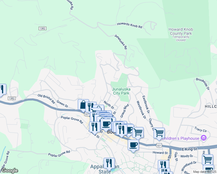 map of restaurants, bars, coffee shops, grocery stores, and more near 224 Junaluska Road in Boone