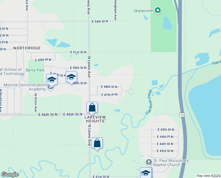 map of restaurants, bars, coffee shops, grocery stores, and more near 2548 East 48th Street North in Tulsa