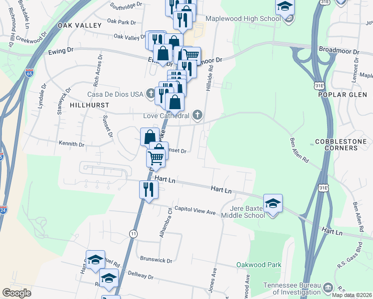 map of restaurants, bars, coffee shops, grocery stores, and more near 2900 Morningside Drive in Nashville