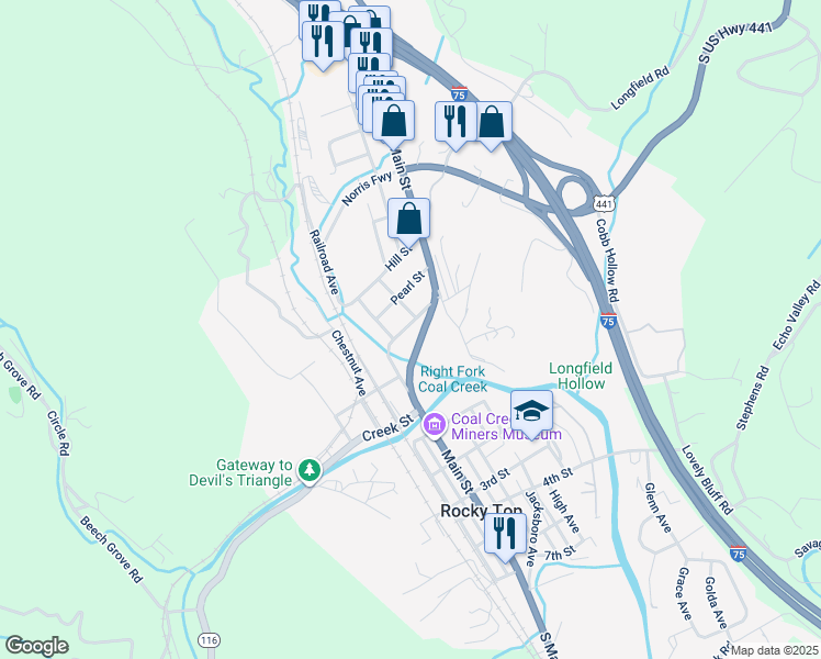 map of restaurants, bars, coffee shops, grocery stores, and more near 108 Meadow Street in Rocky Top