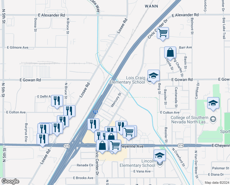 map of restaurants, bars, coffee shops, grocery stores, and more near 3505 Bulloch Street in North Las Vegas