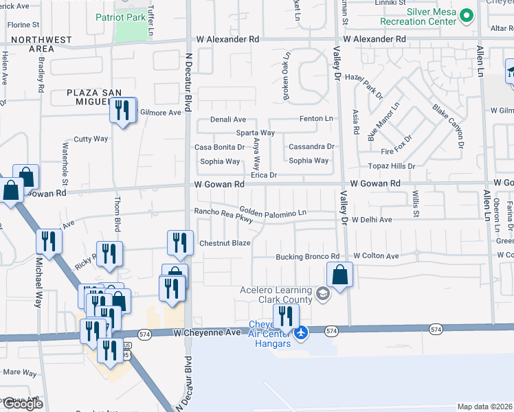 map of restaurants, bars, coffee shops, grocery stores, and more near 3519 Strawberry Roan Road in North Las Vegas