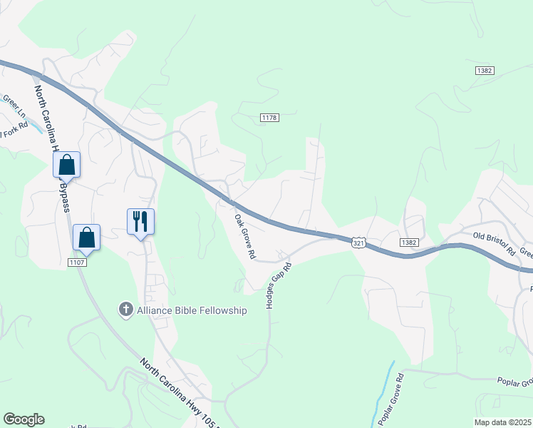 map of restaurants, bars, coffee shops, grocery stores, and more near 2006 U.S. 421 in Boone
