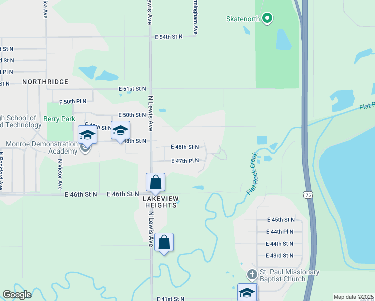 map of restaurants, bars, coffee shops, grocery stores, and more near 2548 East 48th Street North in Tulsa