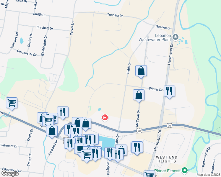 map of restaurants, bars, coffee shops, grocery stores, and more near 1406 Winter Drive in Lebanon