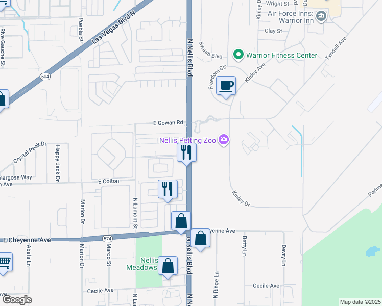 map of restaurants, bars, coffee shops, grocery stores, and more near 204 North Nellis Boulevard in Nellis Air Force Base