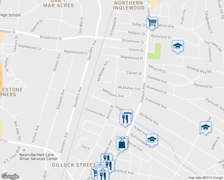 map of restaurants, bars, coffee shops, grocery stores, and more near 4105 Burrus Street in Nashville