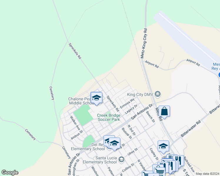 map of restaurants, bars, coffee shops, grocery stores, and more near 772 Spreckels Road in King City