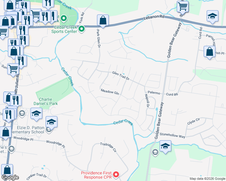 map of restaurants, bars, coffee shops, grocery stores, and more near 2829 Meadow Glen in Mount Juliet