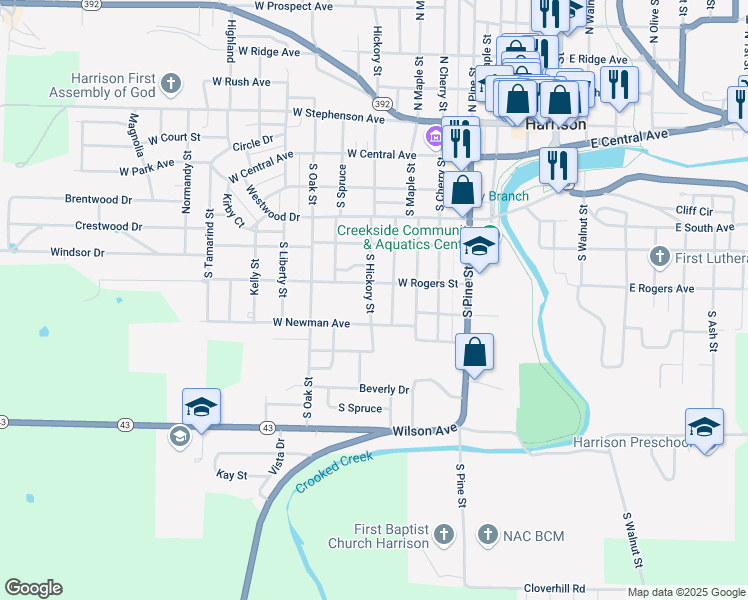map of restaurants, bars, coffee shops, grocery stores, and more near 621 South Hickory Street in Harrison