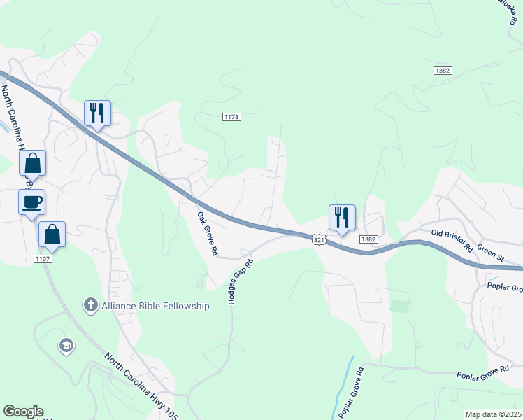 map of restaurants, bars, coffee shops, grocery stores, and more near 148 Highland Woods Trail in Boone