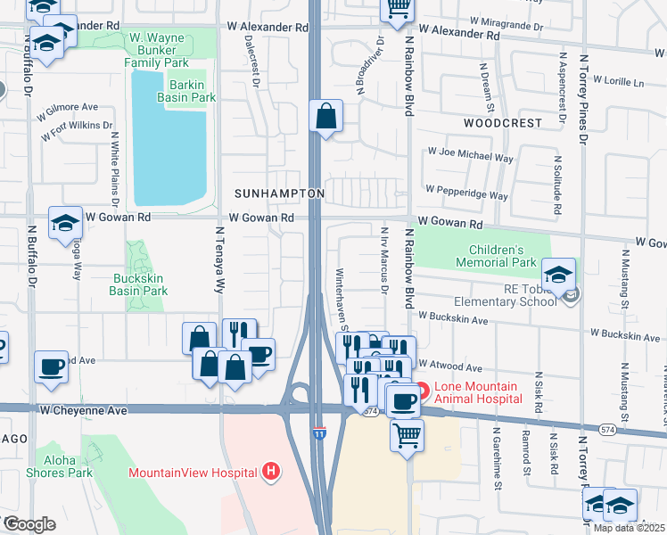 map of restaurants, bars, coffee shops, grocery stores, and more near 3428 Winterhaven Street in Las Vegas