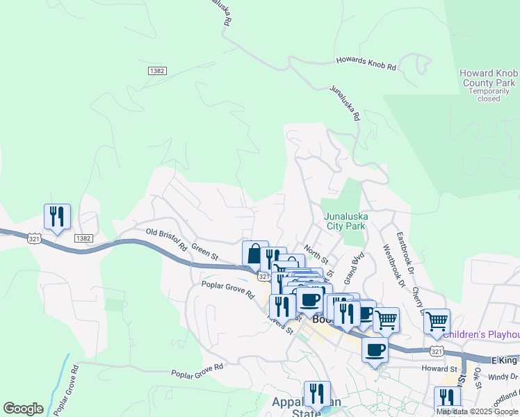 map of restaurants, bars, coffee shops, grocery stores, and more near 192 94 98 Park Street in Boone