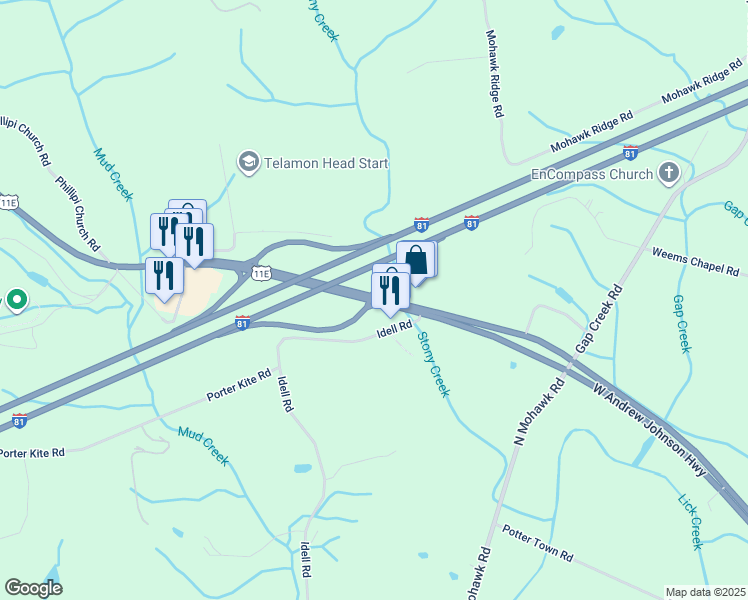 map of restaurants, bars, coffee shops, grocery stores, and more near 13425 West Andrew Johnson Highway in Mosheim