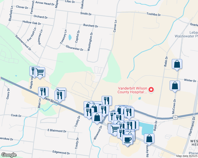 map of restaurants, bars, coffee shops, grocery stores, and more near 212 Carver Lane in Lebanon