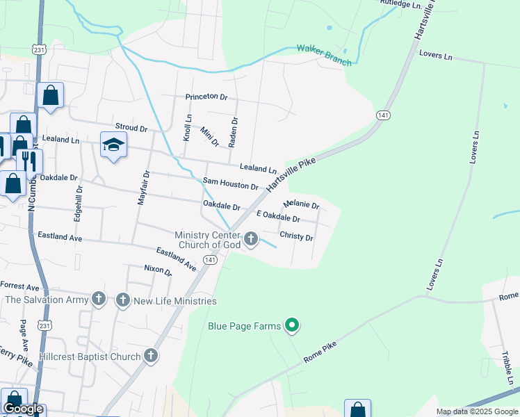 map of restaurants, bars, coffee shops, grocery stores, and more near 501 East Oakdale Drive in Lebanon