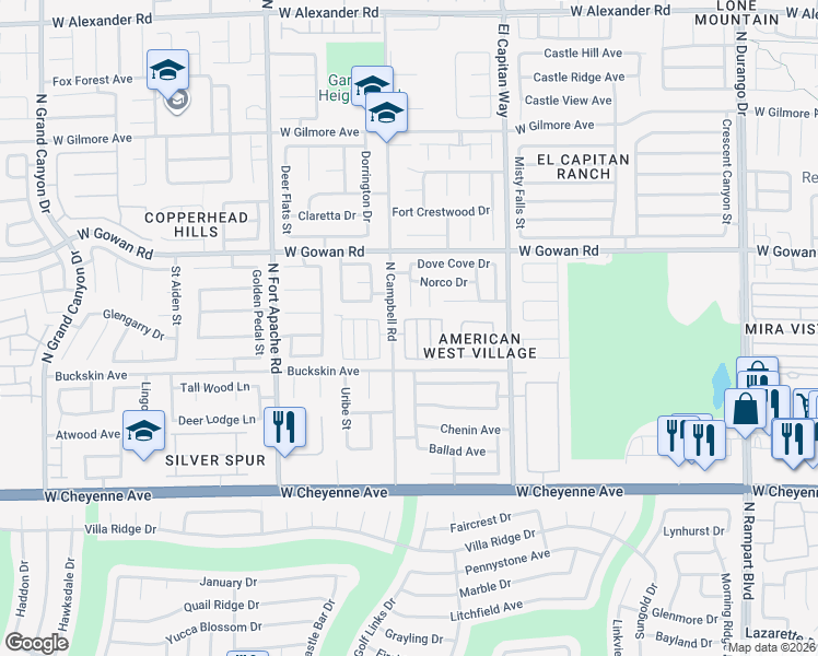 map of restaurants, bars, coffee shops, grocery stores, and more near 3472 Creek River Drive in Las Vegas