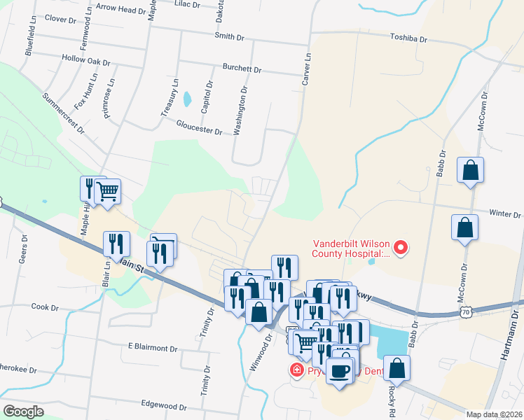 map of restaurants, bars, coffee shops, grocery stores, and more near 212 Carver Lane in Lebanon
