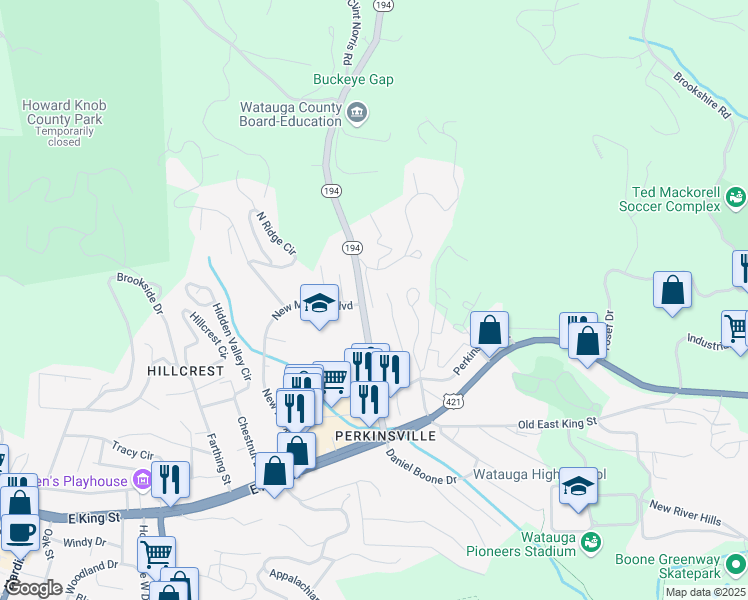 map of restaurants, bars, coffee shops, grocery stores, and more near 181 Jordan Drive in Boone