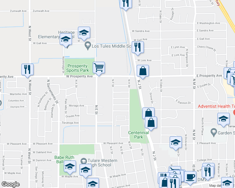 map of restaurants, bars, coffee shops, grocery stores, and more near 475 West League Avenue in Tulare