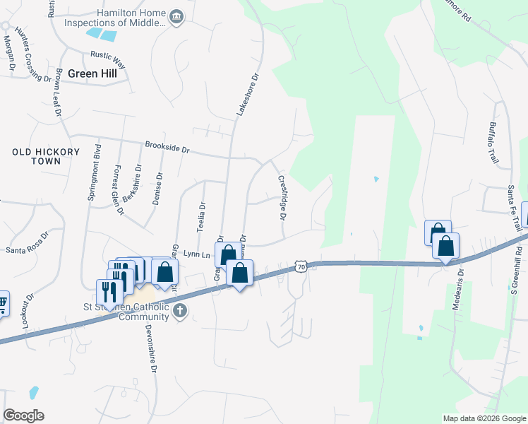 map of restaurants, bars, coffee shops, grocery stores, and more near 104 Valleyview Drive in Green Hill